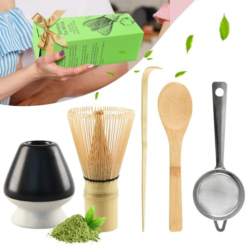 CHWNIBAY 5-Teiliges Matcha Set,Matcha Besen,Matcha Tee Set Einschließlich des Matcha Whisk,Matcha Sieb,Matcha Besen Halter,2 Matcha Löffel aus Bambus,Bestes Geschenk für Matcha-Liebhaber (Schwarz)