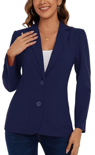 Kyzoeyou Blazer casual para mujer, chaqueta de 2 botones, solapa con muescas, clásica, manga larga, ropa de trabajo, traje de trabajo, bolsillos frontales forrados, N-azul marino, M