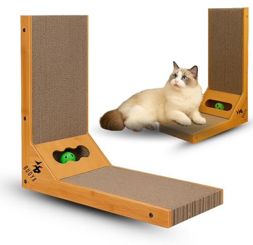 BUDYX Rascador para Gatos en Forma de L – Reversible y Ecológico, Cartón Corrugado Alta Densidad – Rascador y Descanso 2 en 1 – Protector de Muebles – para Gatos de Todos los Tamaños