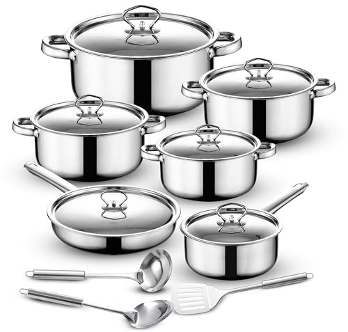 Retoo Topf und Pfannenset Induktion 15-teilig Kochtopf Set mit Deckel, 3 Schöpfkellen, Pfanne, Topfset Edelstahl Bratpfanne, Griff, Spülmaschinengeeignet Durchmesser 17/19/21/25 cm