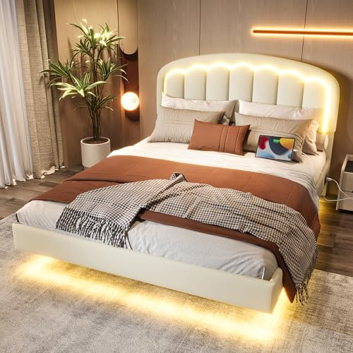 Polsterbett Doppelbett 160x200, Funktionsbett mit LED-Licht&USB Ladefunktion, Schwebendes Bett Bettrahmen Gepolstertes Bettgestell Jugendbett mit Lattenrost&Stauraum unterbett, PU ,Ohne Matratze,Weiß
