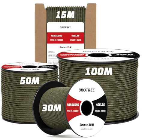 Brotree Paracord 3mm 15M Cuerda 425 Nylon Tipo II 3 Hebras - 192KG MAX | Negro, 100% Nylon, Robusto, UV Resistencia, Para Exterior, Bricolaje, Supervivencia, Acampada
