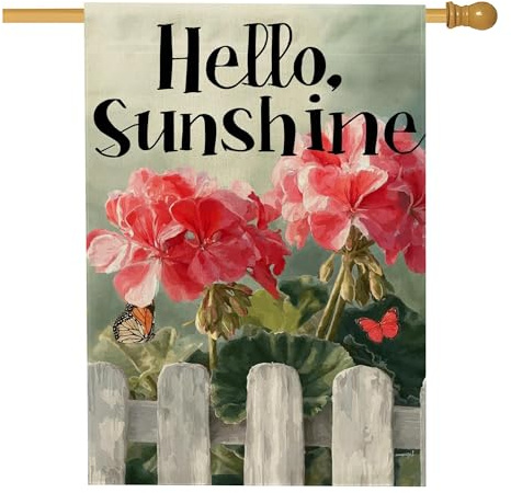 Bandera de jardín Hello Sunshine, mariposa de geranios rojos, decoración al aire libre, pancarta floral de primavera de doble cara, decoración vibrante del hogar de verano, 28 x 40 pulgadas