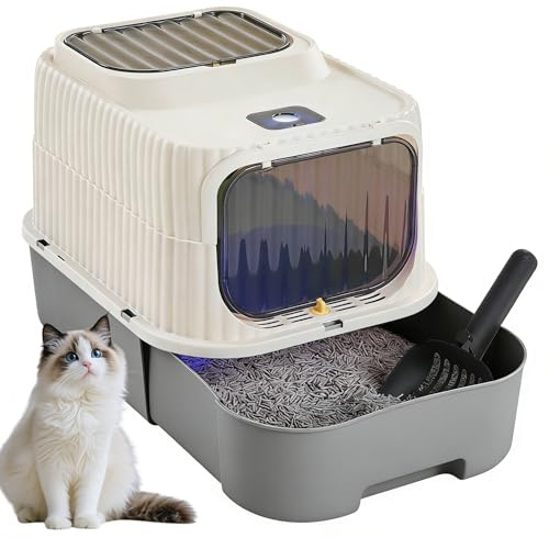 The Fellie Cat Litter Tray with UV Sterilization, Large Cat Litter Box with Lid, Kitten Litter Tray Top Entry&Front Door, Slide-Out Drawer&Scoop, Easy Clean, Odor Control, Grey
