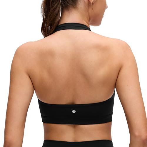 CRZ YOGA Butterluxe Halter Sports Bras for Women - Scoop Neck Padded Open Back Yoga Crop Gym Tops Low Impact Black Large