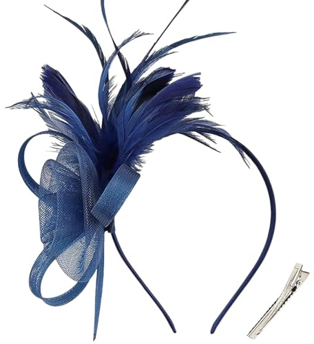 Fascinator for Women, Elegant Net Vintage Feather Headpiece Navy Blue Lace Headpiece with Clip and Headband for Wedding and Cocktail Tea Party