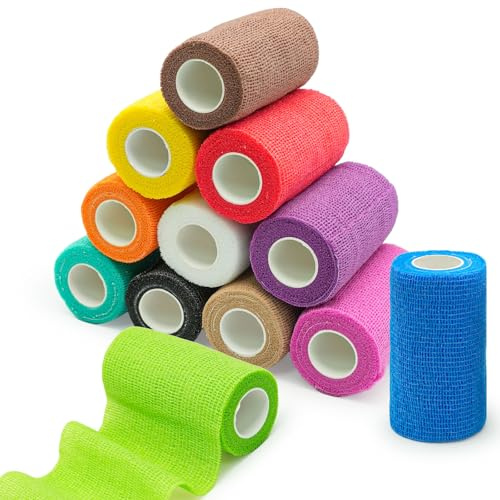 Haftbandage Selbstklebend 12 Stück, 10 cm x 4,5 m Fixierbinde | Elastische selbstklebender verband, wasserabweisend, atmungsaktiv, für Pfotenverband, Sport & Alltag