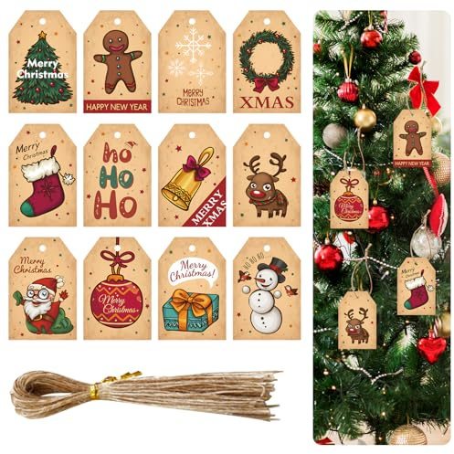 96 Stück Geschenkanhänger Weihnachten, Kraftpapier Tags Weihnachtsanhänger, Weihnachten Geschenk Anhänger mit 25CM Schnur, Etiketten Weihnachten für Geschenke Dekoration, Merry Christmas 6.8 x 4.5CM