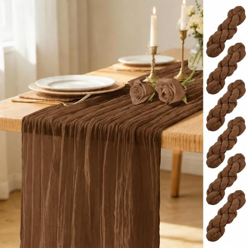 6er-Pack Tischläufer braun, 45 x 275 cm Käsetuch Tischläufer, Boho-Gaze-Tischläufer, rustikale Käsetuch-Tischläufer aus transparentem Stoff für Hochzeitsfeier, Brautparty, Tischdekoration