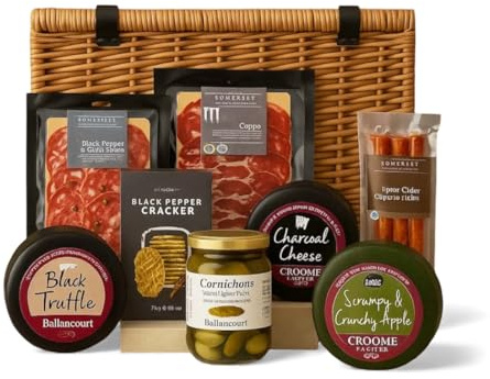 British Artisan Gourmet Food Hamper with Premium Cheese, Cured Meats, Crackers, Cornichons, Luxury Gift Set
