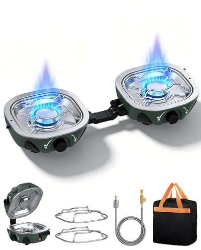 HOMGEN Portable 2 Burner Camping Stove Gas - Foldable Camping Gas Stove with 20000 BTU Adjustable Burners & Piezo Ignition - Lightweight Gas Stove for Camping BBQ Emergency Cooking
