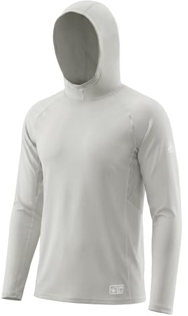 AMZSPORT Felpa Uomo con Cappuccio UPF 50 Protezione UV Rashguard Maglietta Maniche Lunghe Protezione Solare Asciugatura Rapida per Pesca, Escursionismo e Outdoor Grigio Chiaro XXL