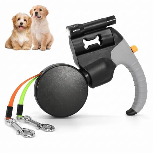 Dubbelhundkoppel rullkoppel för 2 hundar, infällbart koppel för två hundar med 360° vridbar handslinga, reflekterande, 3 m längd, för små och medelstora hundar