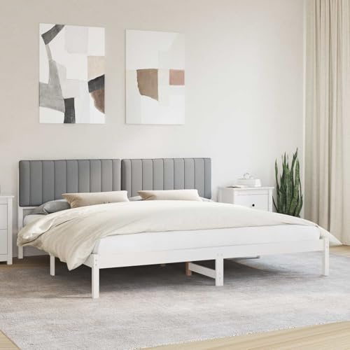 Cadre de lit avec tête de lit rembourrée en Tissu Effet Lin Gris Clair Bois pin Massif 200x200 cm pour Chambre Adulte Salon literie Style Moderne Confort Lecture Repos
