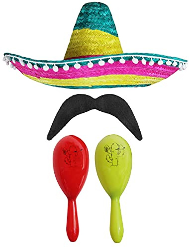 Mexikansk fin klänning tillbehörsset – Mexikansk SOMBRERO med maracas och smink – perfekt för musikanska finsmakare klänningar (mångfärgade POM SOMBRERO + röd och gul maracas)