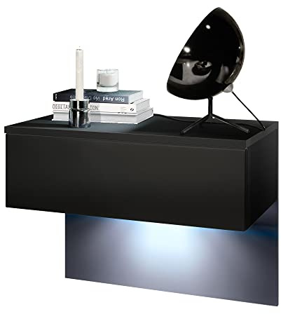 Vladon Comodino Sleep, comodino a parete con cassetto, nero opaco/nero opaco, illuminazione LED inclusa (60 x 46 x 35 cm)