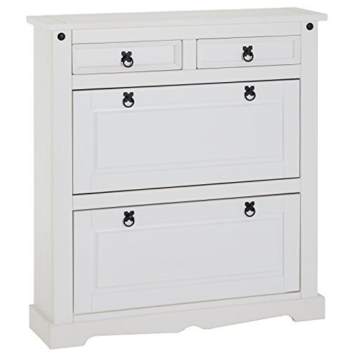 IDIMEX Mexiko Möbel Schuhkipper Schuhschrank Schuhkommode Schuhregal Tequila 2 Klappen 2 Schubladen Flur Diele Kiefer massiv weiß Mexico