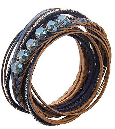 Cheerlife Damen Leder Wickelarmband mit Strass, künstliche Kristallperlen, Flechtelement, Mehrschichtig Magnetverschluss Armband Armschmuck (Blau)