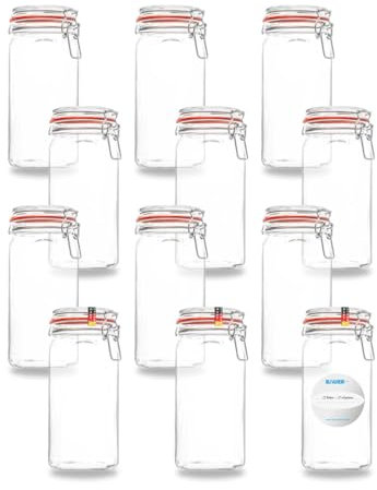 Flaschenbauer - 12-teiliges Set Drahtbügelgläser 1550ml, verwendbar als Einmach- und Fermentierglas, zur Aufbewahrung, Gläser zum Befüllen, inklusive Etiketten, Gläser mit Drahtbügel - Made in Germany