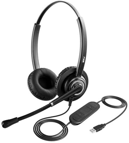 MKJ USB Headset with Microphone for Laptop, Call Center Office Computer Headset with Mute, Noise Canceling Wired USB Headphone for Business Calls, Zoom, Teams, Webex, Virtual Classes, Webinars etc
