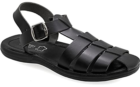 46 Schwarz Emmanuela Bequeme antike griechische Sandalen aus Leder für Herren, gepolsterte Einlegesohle Handgefertigte Ledersandalen, hochwertige verstellbare Sommerschuhe mit Schnalle