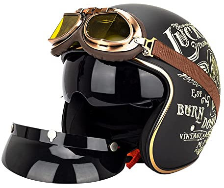 Retro Motorrad 3/4 Halbhelm Moped Pilot Helm Jethelme Mit Sonnenblende Brille Vintage Roller Jethelm Cruiser Chopper ECE/DOT Approved (Lucky 13) (59~60cm L)