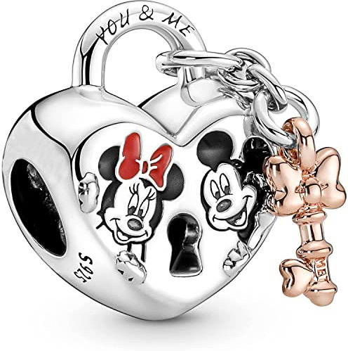 Beads R Us ® - Mickey Mouse & Minnie Mouse Padlock Charm in Solid Sterling Silver S925, Compatible with all European style Charm Bracelets and Necklaces.