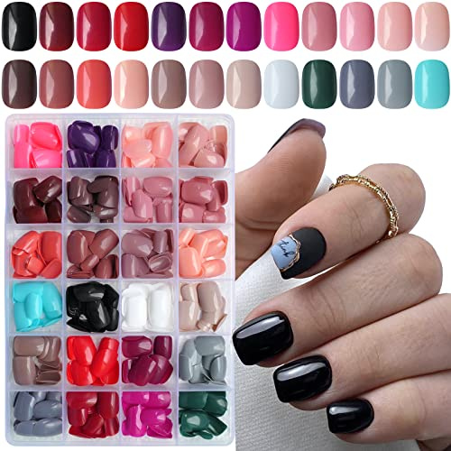 LoveOurHome 576pc Round Square Press on Nails Short Fake Nails, XS Short Press on Nails Squoval Acrylic Nails Tips Full Cover, Gel Artificial Fingernail False Presson 24 Colors for Kids Girls Women