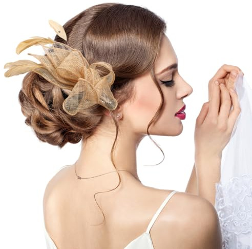 Lurrose Gold Fascinator Hats for Women, Vintage Mesh Flower Tea Party Headband with Clip, 2-in-1 Cocktail Wedding Headpiece for Church & Special Occasions, One Size