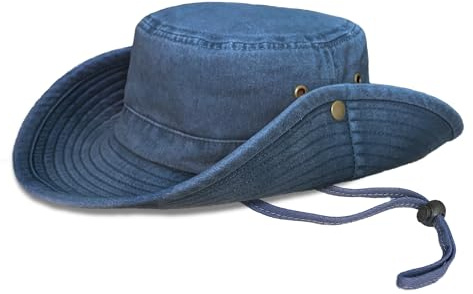 TOSKATOK UPF 50 Unisex safari outback australisk buskhatt med brett brätte, avtagbar hakrem, tryckknappar på sidan och ventilationsspår, av bomull, Denim, 60