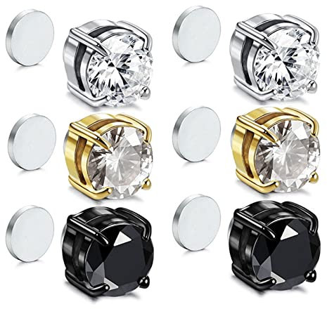 Acier Inoxydable Boucles D'Oreilles MagnéTique,Boucle D Oreille Aimant Sans Trou,Non Piercing Diamant Zirconium 6MM (3 Paires)