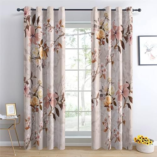 TAKUAN Blume Vorhänge Verdunklung svorhänge mit Muster Pflanze, Vorhang Blickdicht mit Ösen Gardinen Wohnzimmer Schlafzimmer Kinderzimmer Dekoration 2er Set-245 x 140 (H X B)