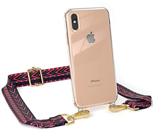 EAZY CASE Handykette - Verstellbares Taschenband kompatibel mit iPhone X/XS, Schulterriemen, Handykordel mit Silikon Hülle, Umhängetasche, Pink Blau Gold