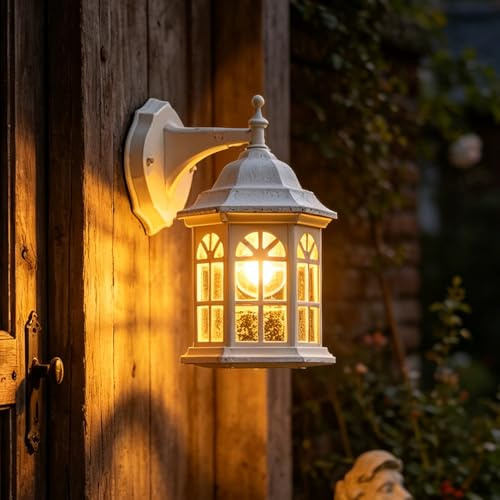 Außenleuchte Metall Outdoor Wandleuchte AußenWandleuchten Weisse Antik Laternen Außen Aluminiumguss Glas Wasserdicht Retro Vintage Modern Balkon Foyer Garten Hof Garage Veranda Wandlampe (Weiß)