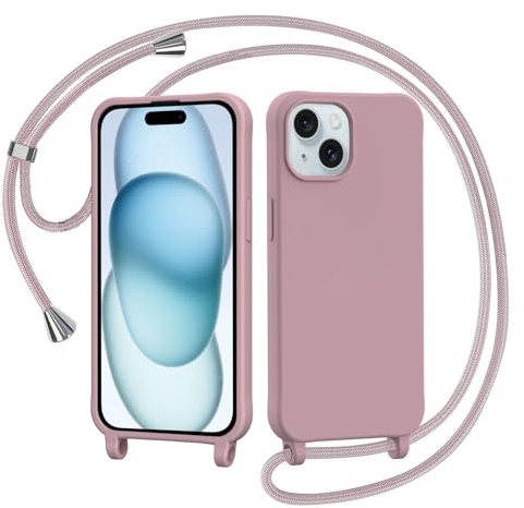 AOMYKE Handyhülle für iPhone 15 Hülle mit Band, Handyband iPhone 15 Hülle zum Umhängen Schutzhülle mit Kette Kordel Weich TPU Liquid Silikon Case， Pink