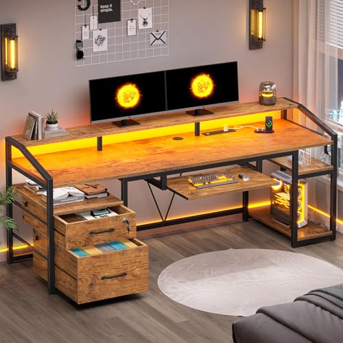 SEDETA 63 Computer Desk, Office Desk with Lock Drawers for Legal/Letter File, Gaming Desk with LED Light & Power Outlet, Home Office Desks for Printer, Rustic Brown