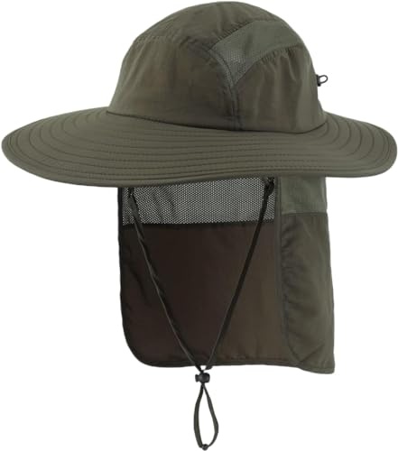 Magracy Herren UPF 50+ Sonnenhut mit Nackenschutz breite Krempe Netzstoff Safari-Hut Wandern Angeln Hut faltbar Damen Armeegrün