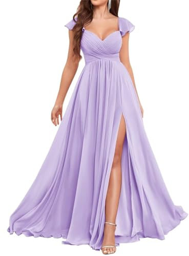 WSEYU Robes de demoiselle d'honneur en mousseline de soie à volants pour mariage, robe de bal à manches courtes, robe de soirée formelle avec fente, lilas, 36