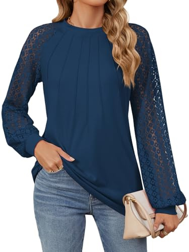 Decorie Camicia Donna Elegante Maglia Manica Lunga in Pizzo Top Blusa Casual T Shirt Donna Maglietta(Blu,L)