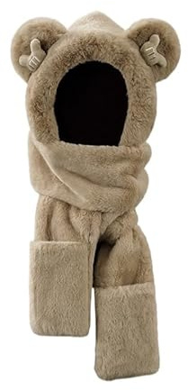 Damen Y2K Cutecore Fuzzy Beanie Harajuku Ästhetik Flauschige Mütze Schal Handschuhe 3 in 1 Fairycore 3D Bär Ohren Fleece Cap, Kaffee, Einheitsgröße