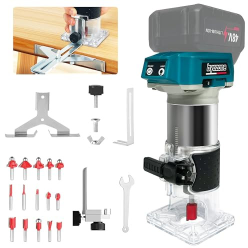 bycpower Akku Oberfräse für Makita 18V Akku, 800W Akku-Kantenfräse Set mit 6 Geschwindigkeit, 30000 U/min Bürstenloser Multifunktionsfräse Tragbarer Handfräser mit 15 Stück 1/4 Fräser Set(Ohne Akku)