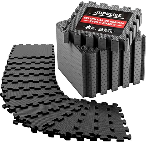 JUPPLIES - Suelo Gimnasio Set 18 Piezas 30x30x1cm - Esterilla Puzzle Fitness de Goma para Suelo - Alfombra Protectora para Gimnasio en Casa - Tatami en Puzzle