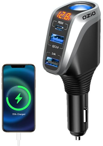 Caricabatteria da auto USB C 4 in 1 - Caricabatterie rapido con sdoppiatore per presa accendisigari con 3 porte USB - Splitter presa 12V/24V e caricatore USB, caricabatteria per auto con display di te