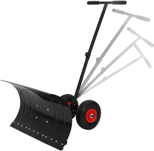 YXYLJOZ T-Handle Snow Pusher, Heavy Duty Metal Snow Shovel, Rolling Snow Pusher with Wheels, Barn Shovel, Snow Shovel