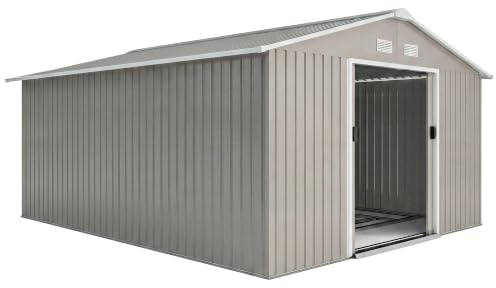 Outsunny Gerätehaus 12,4 m² mit Pultdach 386 x 340 x 200 cm Hellgrau | Schiebetür , Wetterfest, Geräteschuppen, Gartenhütte Gartenhaus, Outdoor Garten Schuppen, für Hinterhof Außenbereich