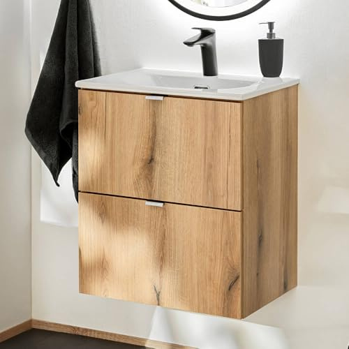 [en.casa] Badmöbel Skelbolu Waschtisch mit Unterschrank Badezimmerschrank 50 x 57 x 39 cm Waschbecken mit Unterschrank 2 Schubladen Badschrank Waschtischunterschrank hängend Eicheoptik