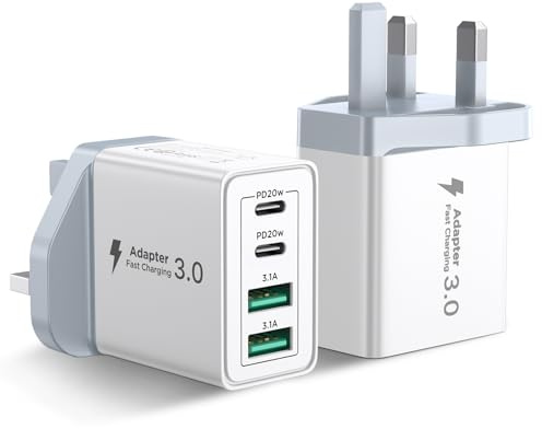 USB C Plug 2Pack, 4-Port 40W USB C Charger Plug UK Dual Port PD Power Adapter+QC Wall Charger Multiport Mains Type C Charging Plug for iPhone 16 15 14 13 12 11 Pro Max Plus,Samsung, iPad, AirPods
