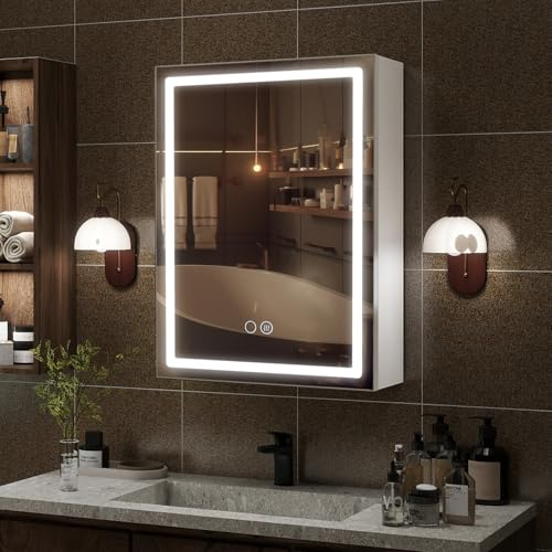 YU YUSING Badezimmer Spiegelschrank mit Beleuchtung Aluminium 50x70cm | LED Badezimmerschrank mit Spiegel 3 Ablage, 3 Farbtemperatur Dimmbare, Beschlagfrei, Hängeschrank Badschrank