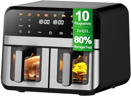 Jacgood 9L XXL Doppelkammer Heißluftfritteuse mit 2 Körben, 8 Programmen & Smart Finish – Dual Zone Airfryer, Touchscreen, Timer, fettarm & ölfrei