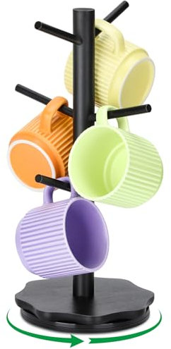 Euqvunn 360° Rotating Black Mug Tree, Kitchen Countertops Coffee Cup Holder, Sturdy Petal Wooden Base Cup Holder, Mug Holders for Kitchen Coffee Bar, Storage Rack with 6 Hooks - Black